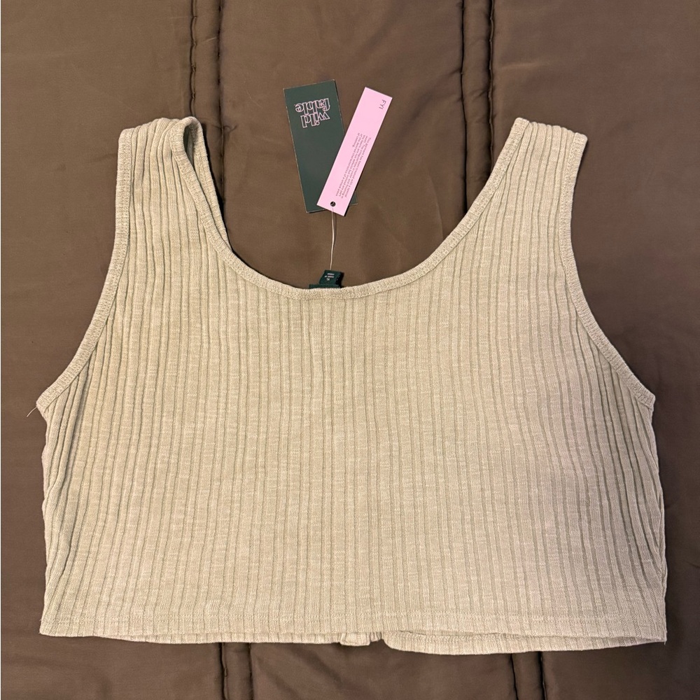 Button-Front Ribbed Crop Tank in Beige - Picture 2 of 3